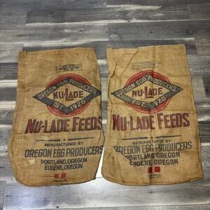 Vintage Oregon Egg Producers Nu-Lade Feeds Burlap Sacks Set of 2